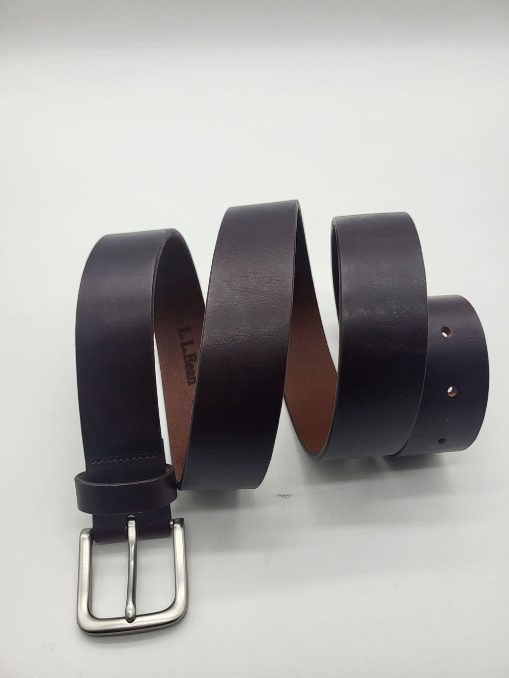 L.L. Bean Men's Chocolate Brown Leather Belt with Brushed Metal Buckle